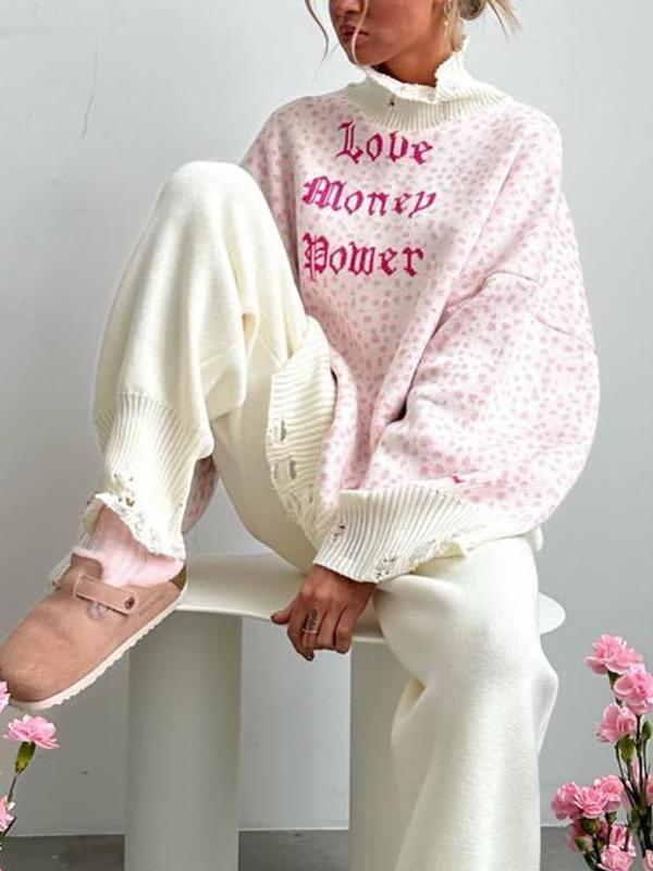 Letter Jacquard Tattered Design Baggy Sweater Product Image