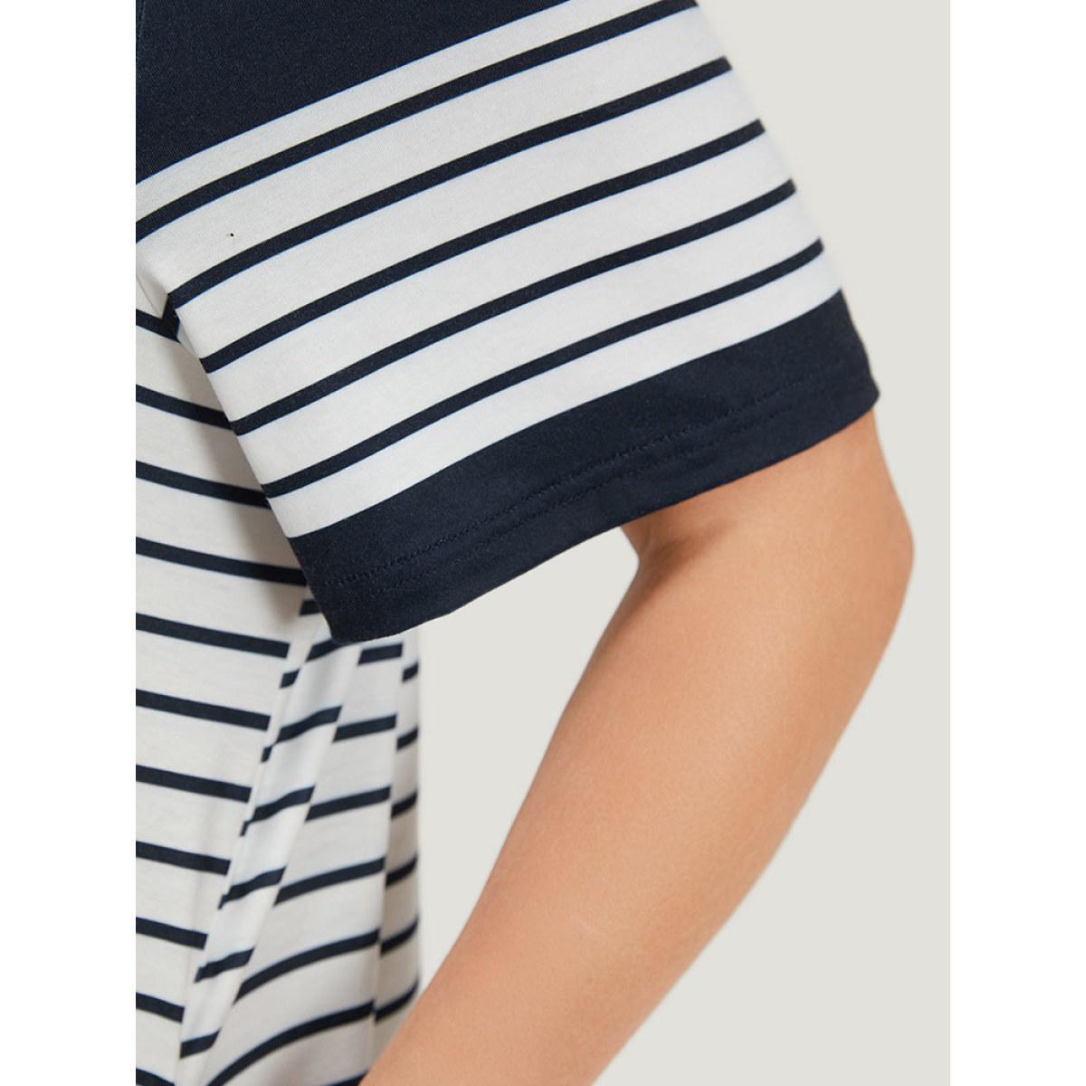 Plus Size Striped Print Patchwork Pocket Round Neck Dress DarkBlue Women Elegant Contrast Round Neck Short sleeve Curvy Knee Dress BloomChic 18-20/2X Product Image