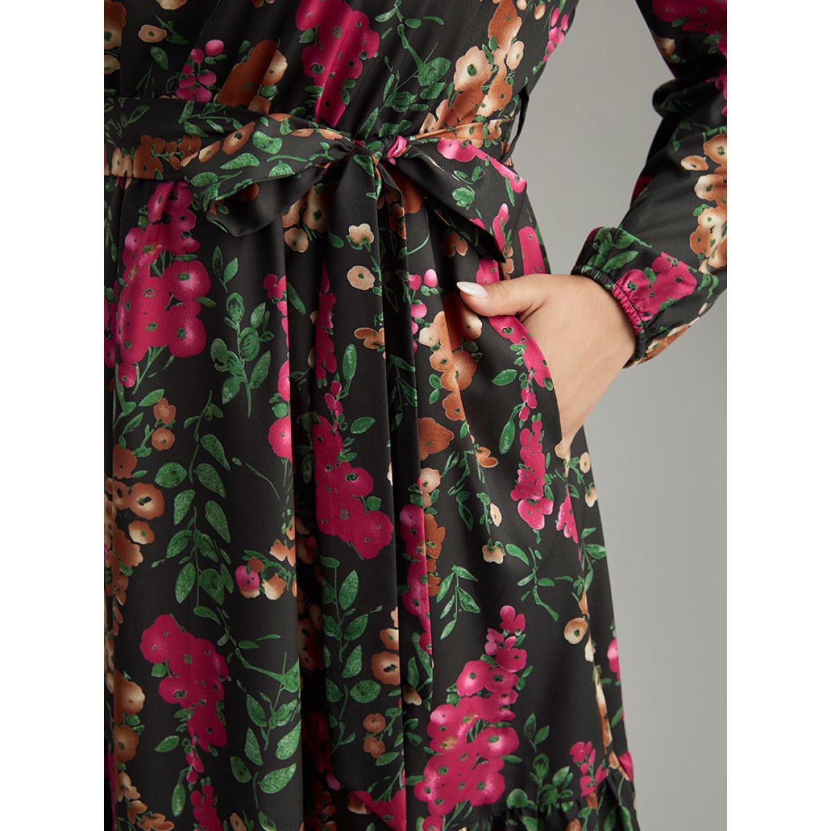 Plus Size Floral Print Belted Elastic Cuffs Dress Black Women Elegant Elastic cuffs Notched collar Long Sleeve Curvy Midi Dress BloomChic 10/M Product Image