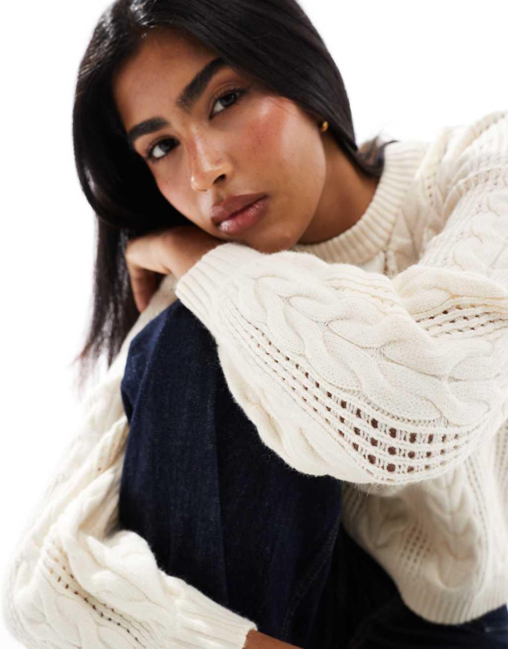 ONLY round neck cable knit sweater in cream  Product Image