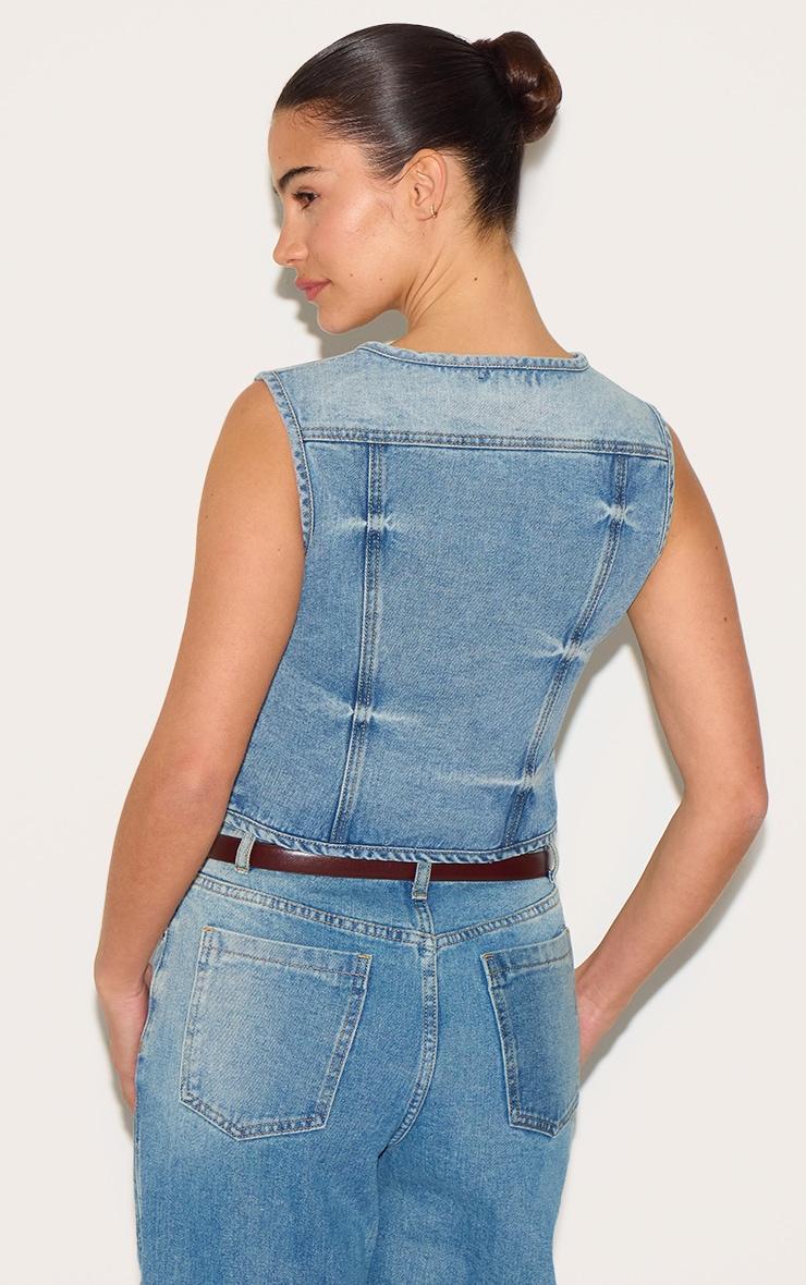  Mid Blue Wash Round Neck Sleeveless Denim Crop Top Product Image