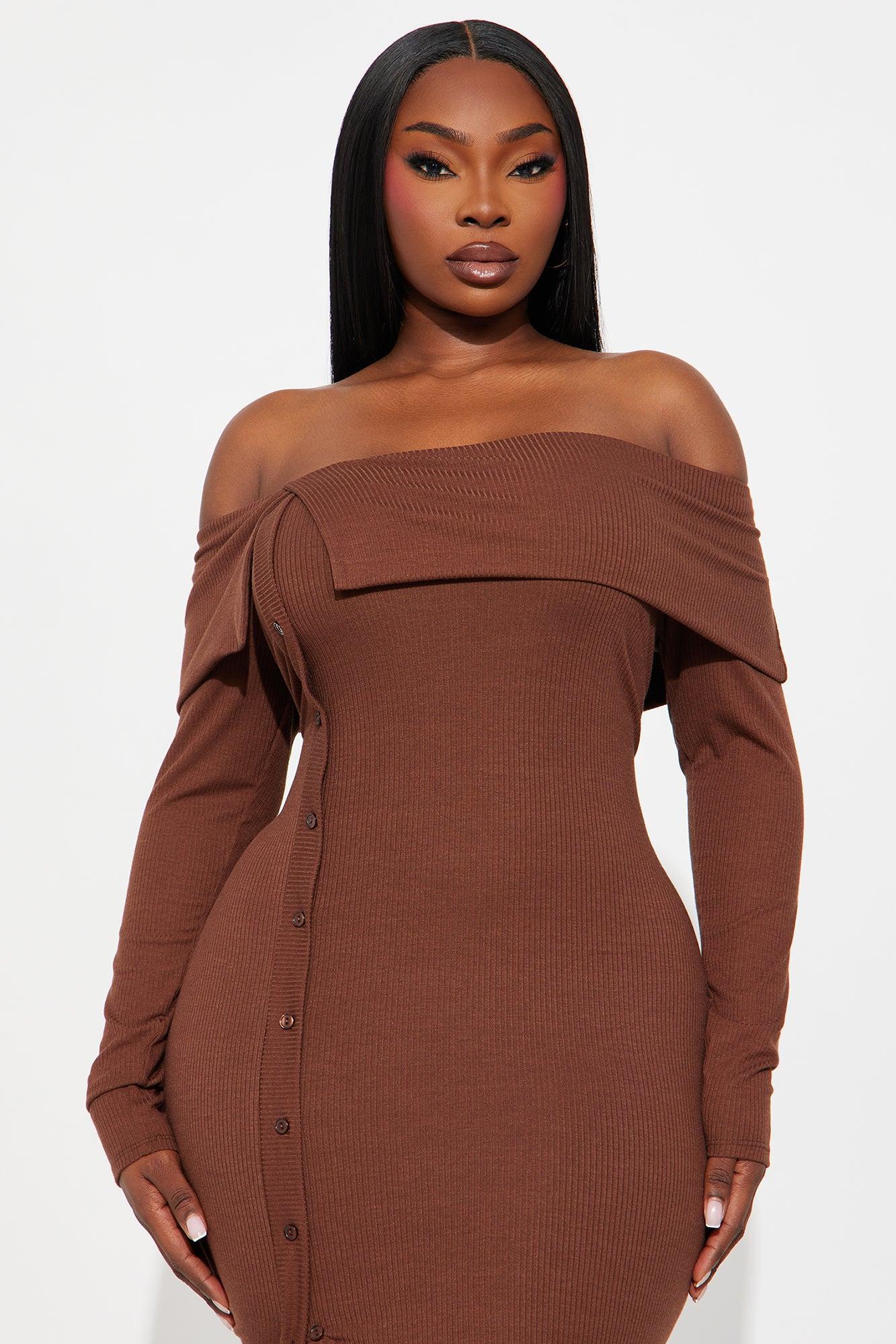 Leilani Off Shoulder Sweater Midi Dress - Chocolate Product Image