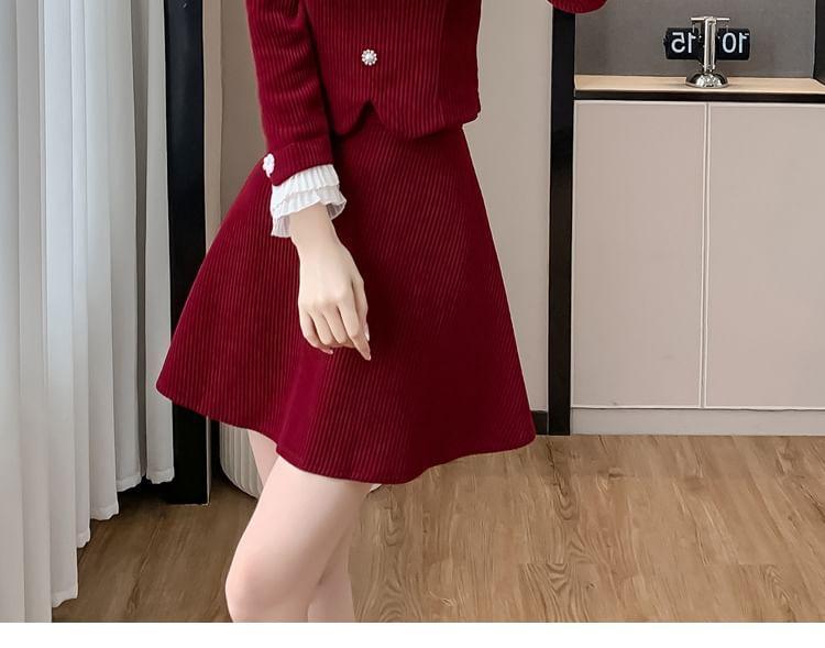 Set: Ruffle-Cuff Frog Buttoned Jacket + High Rise Mini A-Line Skirt Product Image
