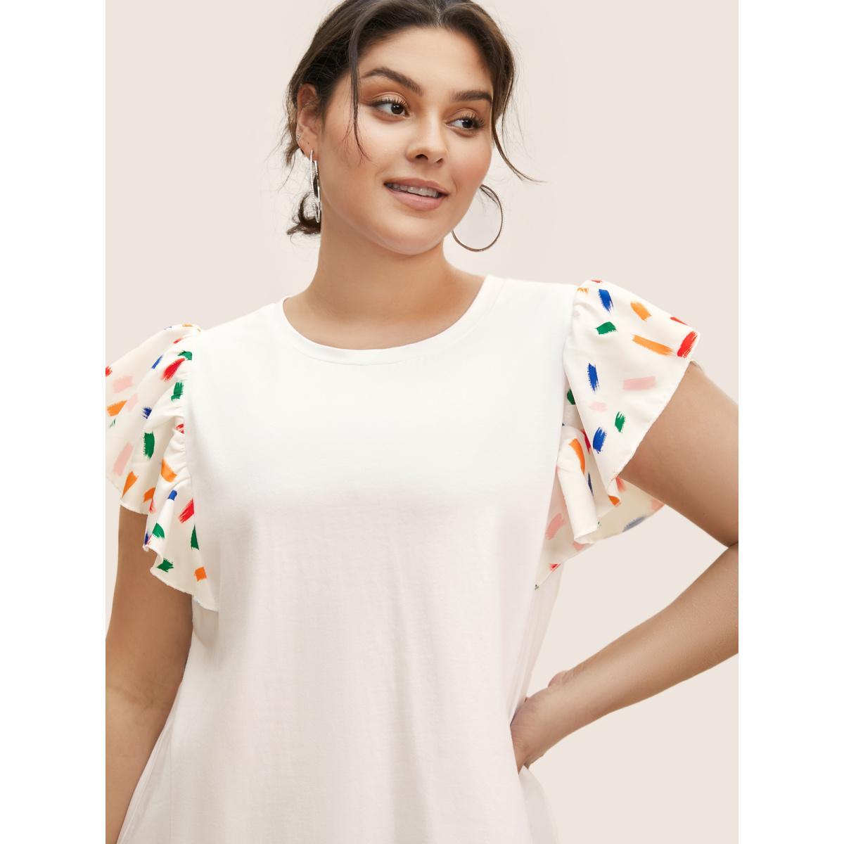 Plus Size Colored Brush Print Ruffle Cap Sleeve T-shirt Originalwhite Women Casual Contrast Round Neck Everyday T-shirts BloomChic 18-20/2X Product Image