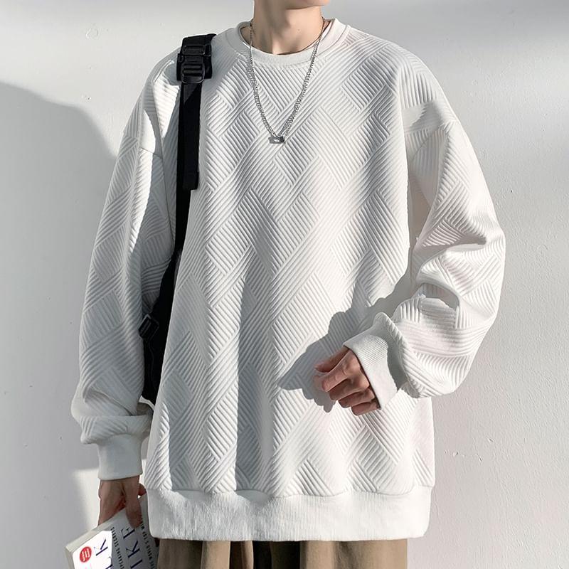 Puff-Sleeve Round Neck Plain Oversized Pullover Product Image