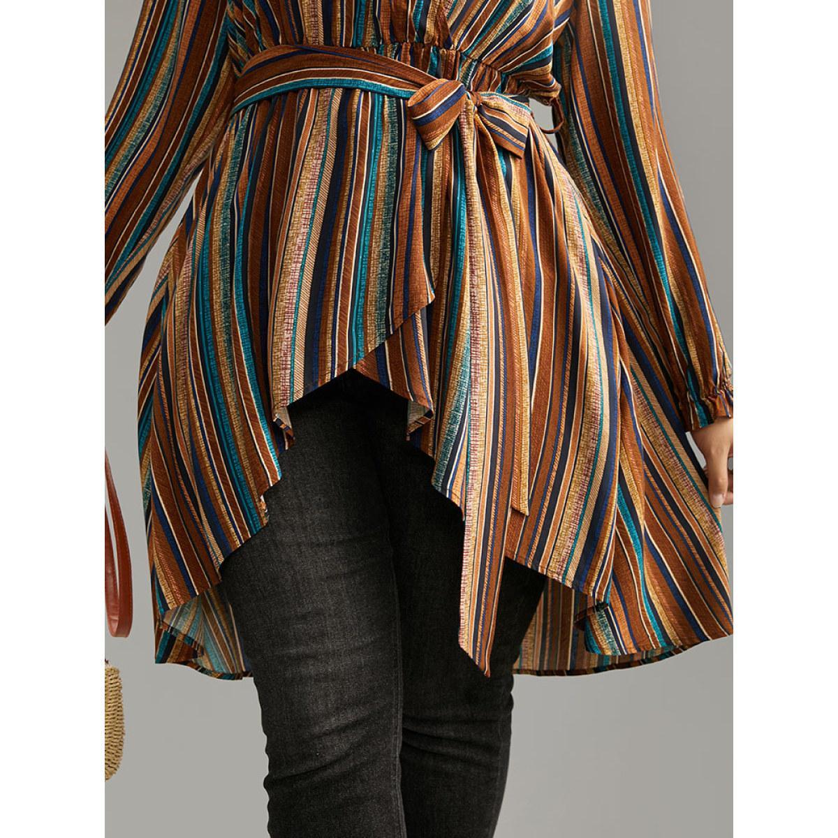 Plus Size Multicolor Striped Overlap Collar Arc Hem Belted Blouse Women Vacation Long Sleeve Overlap Collar Vacation Blouses BloomChic 12/L Product Image