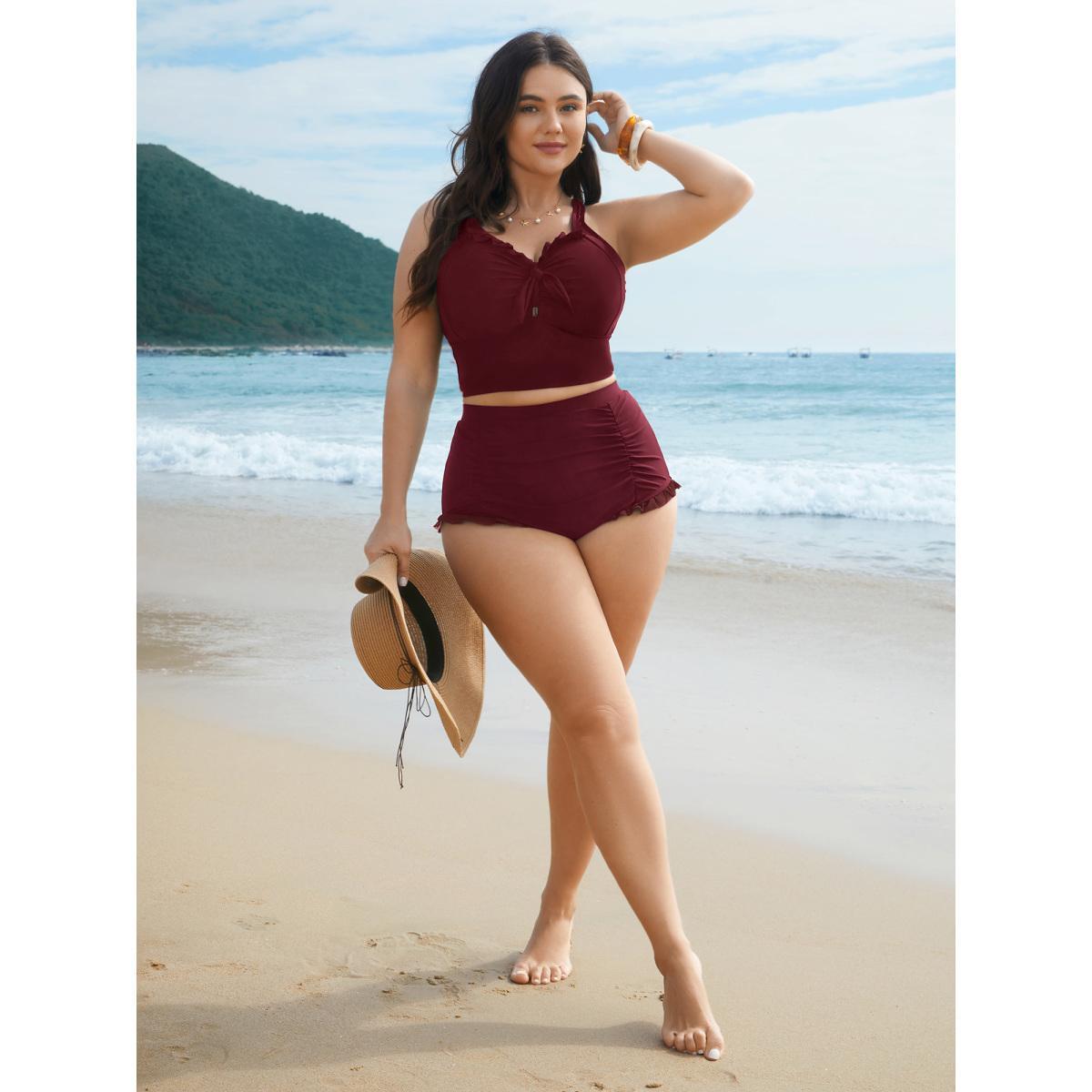 Plus Size Ruched Mesh Seamed Ruffle Trim Swim Bottoms Women's Swimwear Aegean Beach Gathered High stretch Skinny High Rise Curve Swim Bottoms BloomChic 14-16/1X Product Image