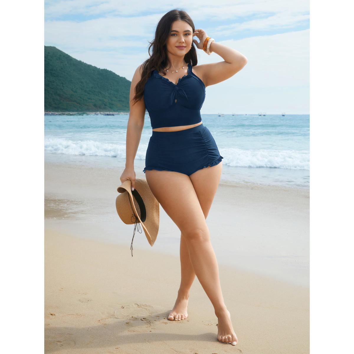 Plus Size Ruched Mesh Seamed Ruffle Trim Swim Bottoms Women's Swimwear Aegean Beach Gathered High stretch Skinny High Rise Curve Swim Bottoms BloomChic 28/5X Product Image