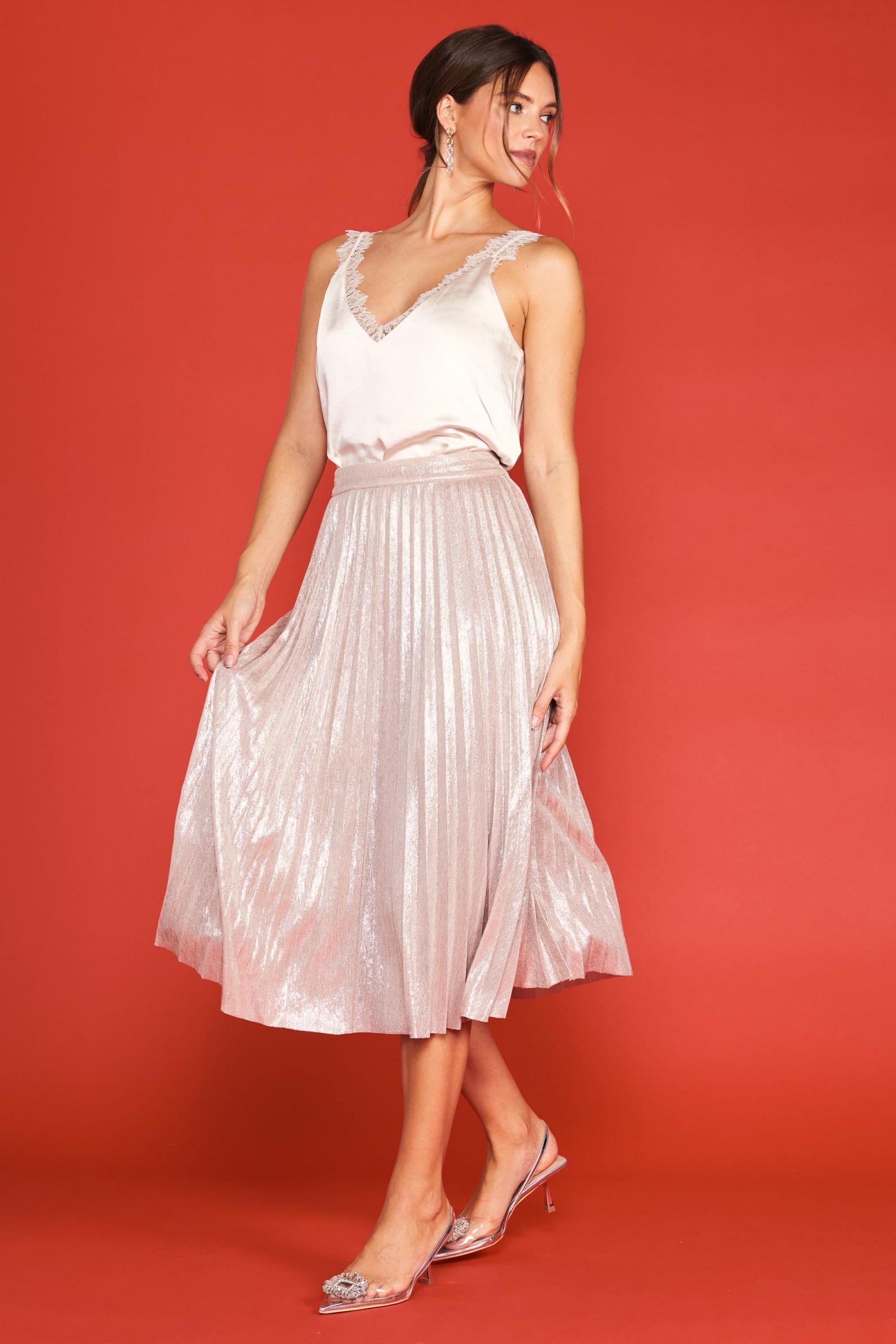 Foil Coated Pleated Midi Skirt Product Image