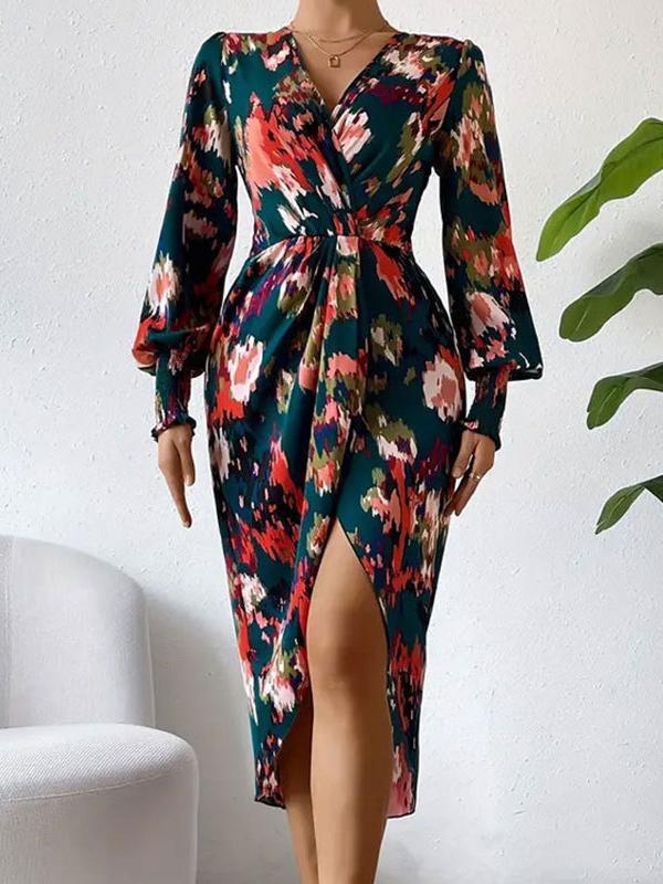 Long Sleeves Loose Elasticity Floral Printed V-Neck Midi Dresses Shirt Dress Product Image