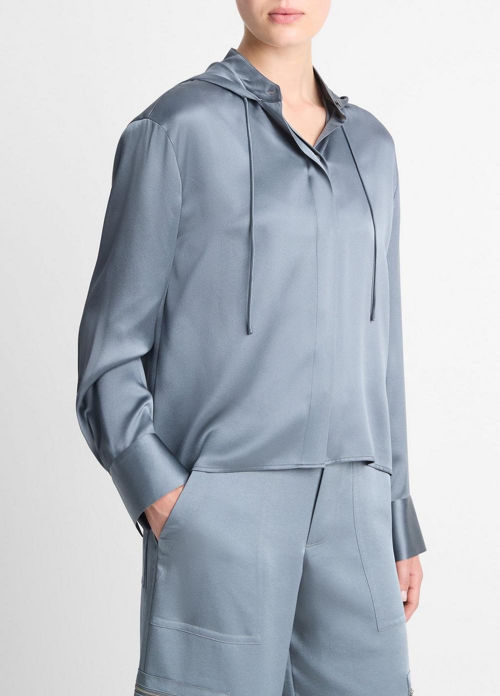 Womens Silk Hooded Button-Front Shirt, Rye, Size L Vince Product Image