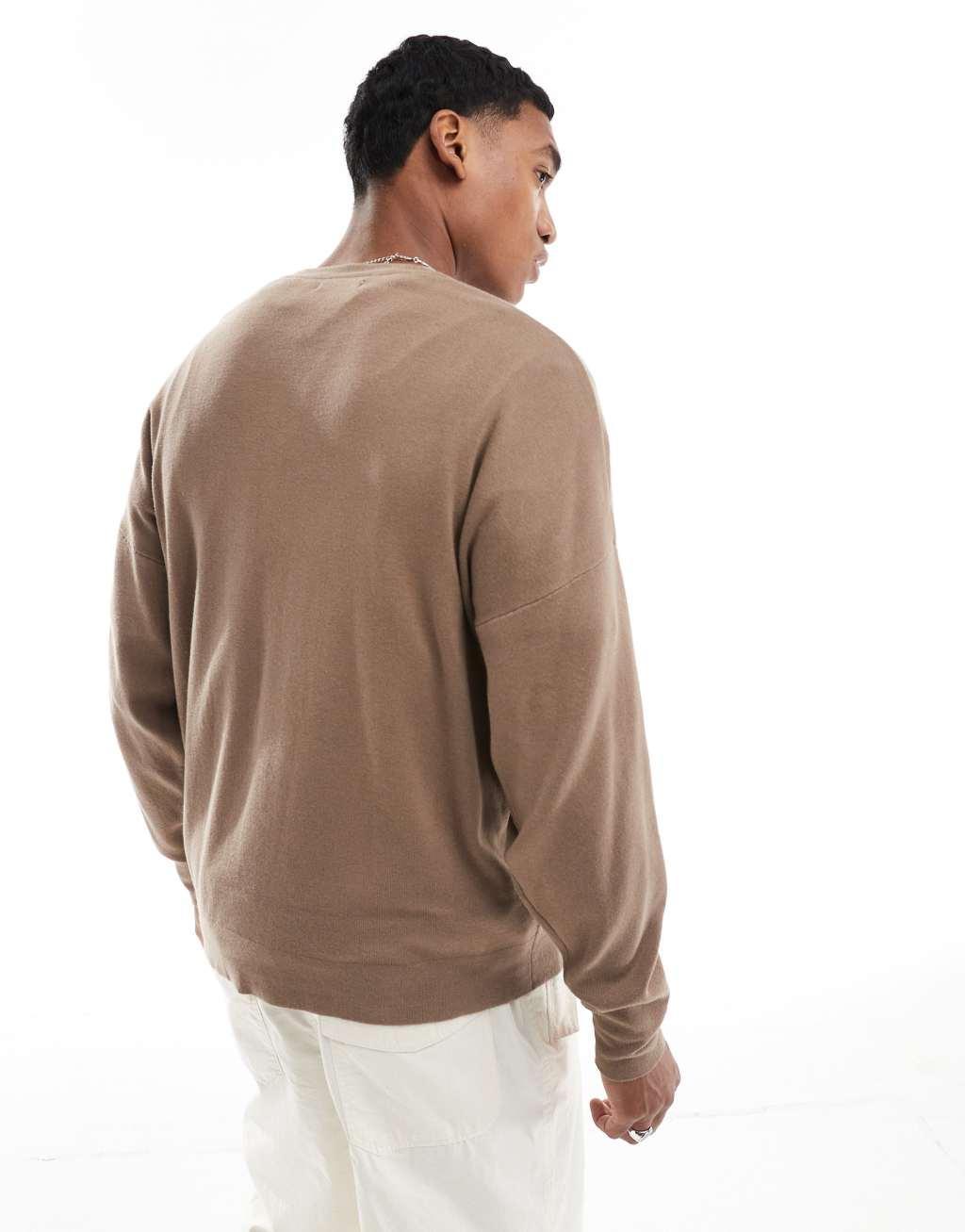ONLY & SONS crew neck drop shoulder knit sweater in brown Product Image