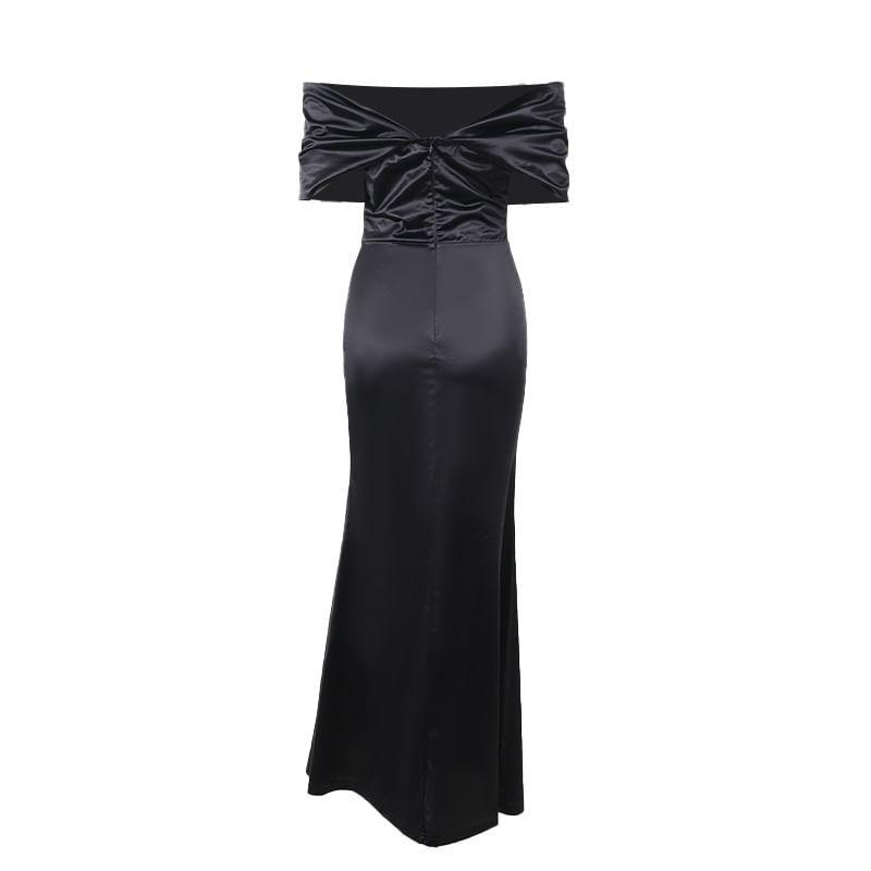 Sleeveless Off-Shoulder Plain Satin Maxi Bodycon Dress Product Image