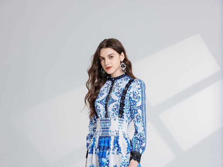 Long Sleeve Stand Collar Patterned Print Panel Lace Mini A-Line Dress Product Image