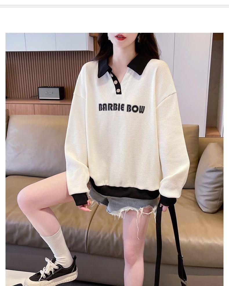 Collared Lettering Print Contrast Trim Waffle Sweatshirt Product Image