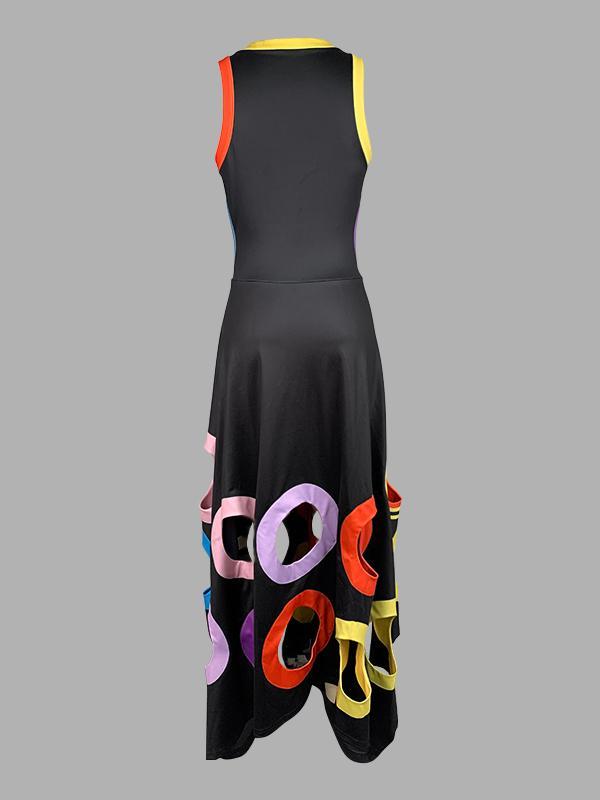 A-Line High Waisted Contrast Color Hollow Round-Neck Maxi Dresses Product Image