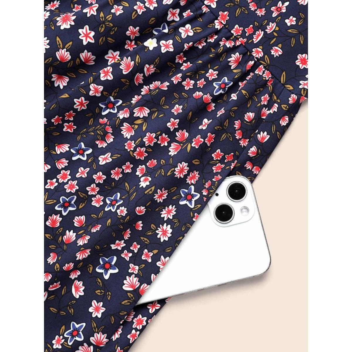 Plus Size Boho Print Lantern Sleeve Midi Dress DarkBlue Women Resort Non V-neck Long Sleeve Curvy BloomChic 30/6X Product Image