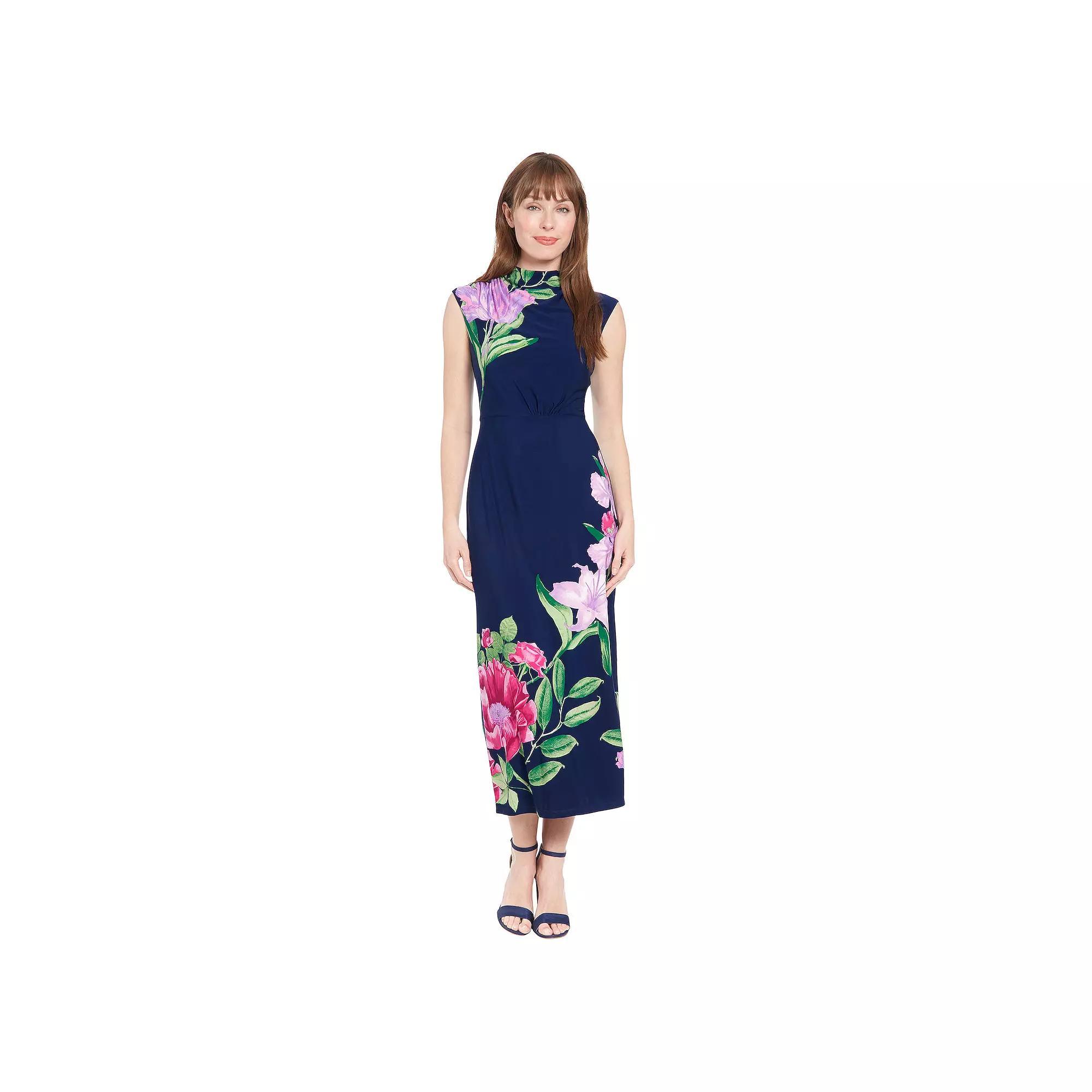 Women's London Times Mockneck Ruched Maxi Dress, Size: 2, Navy Purple Floral Product Image