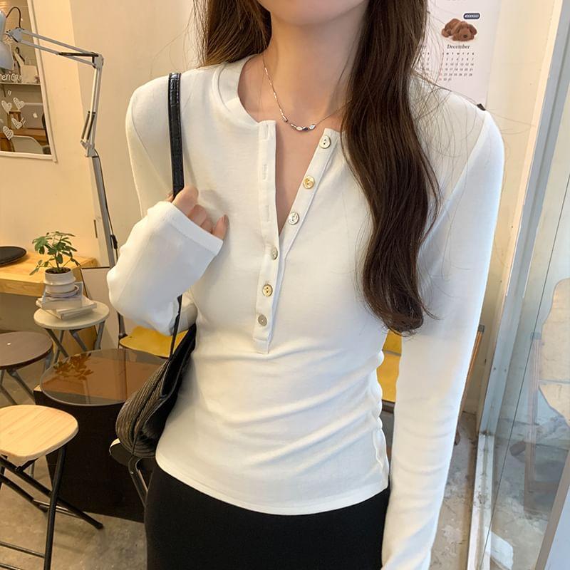 Long-Sleeve Crew Neck Plain Half-Buttoned Slim Fit Tee Product Image
