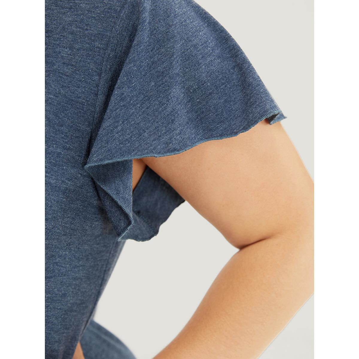 Plus Size Plain Pleated Ruffle Sleeve Pocket Button Up Curved Hem Dress Stone Women Casual Arc Hem Round Neck Cap Sleeve Curvy Midi Dress BloomChic 26/4X Product Image