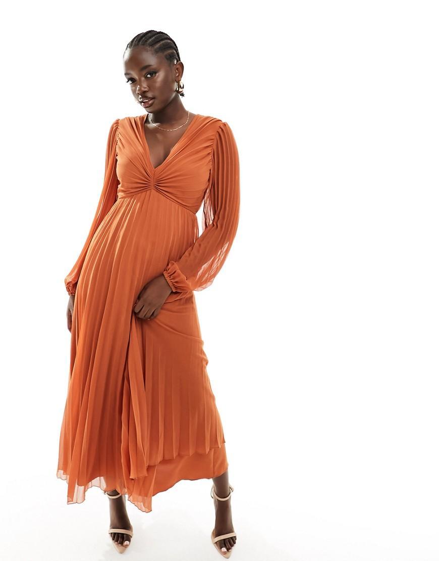 ASOS DESIGN pleated bodice plunge neck midi dress Product Image