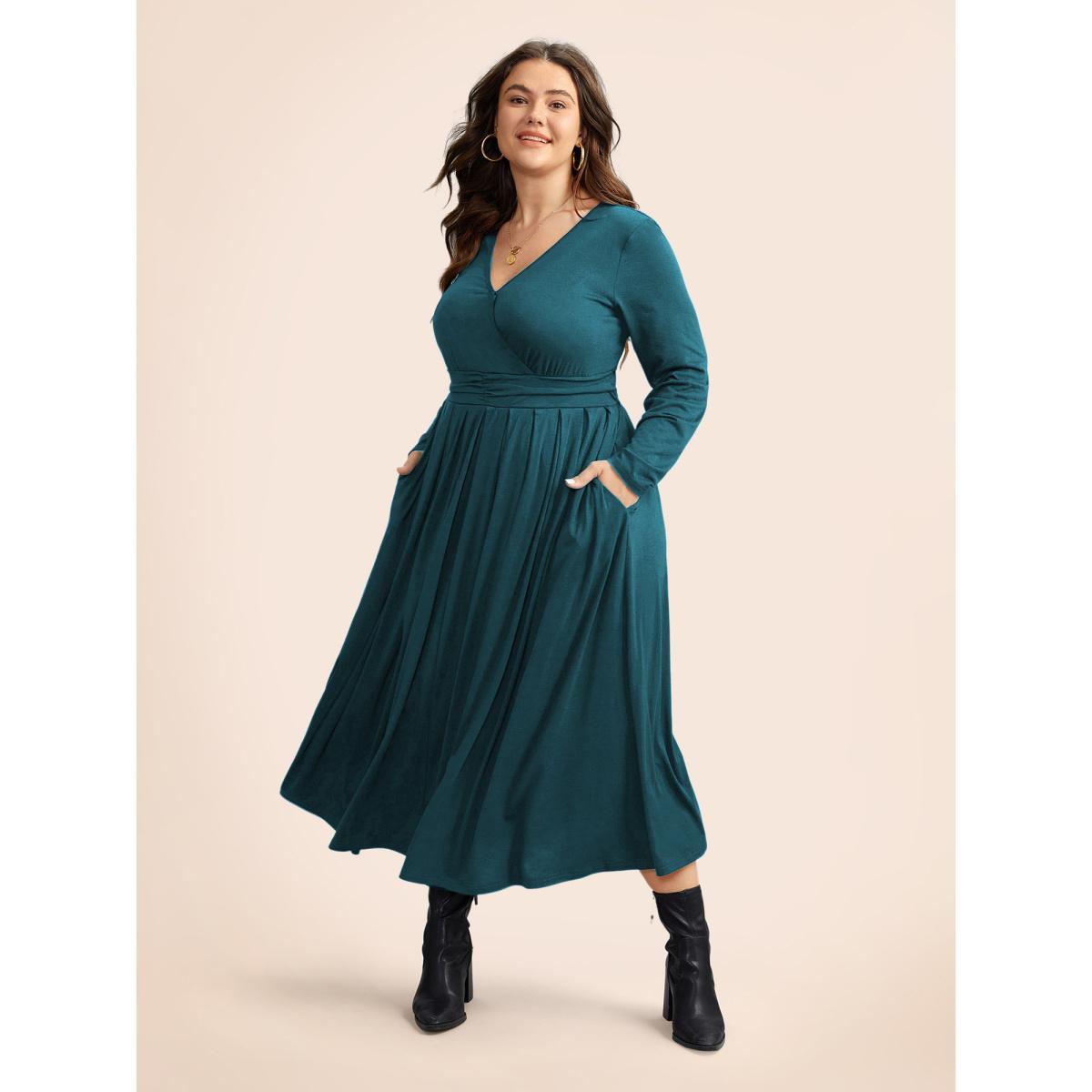 Plus Size Supersoft Essentials Ruched Wrap Pleated Hem Dress Aegean Women Casual Non Overlap Collar Long Sleeve Curvy Midi Dress BloomChic 14-16/1X Product Image