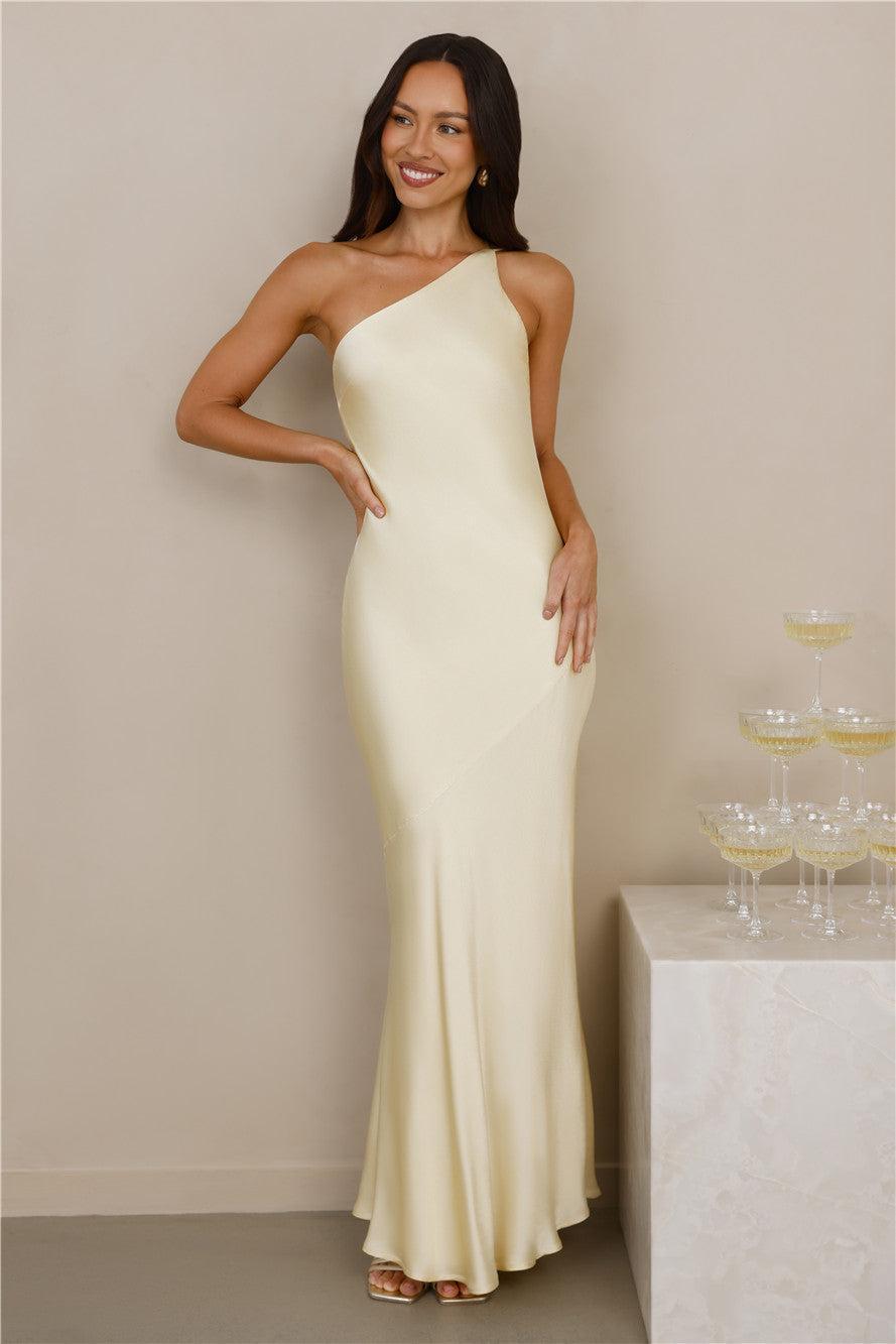 The Evangeline One Shoulder Satin Maxi Dress Yellow Product Image