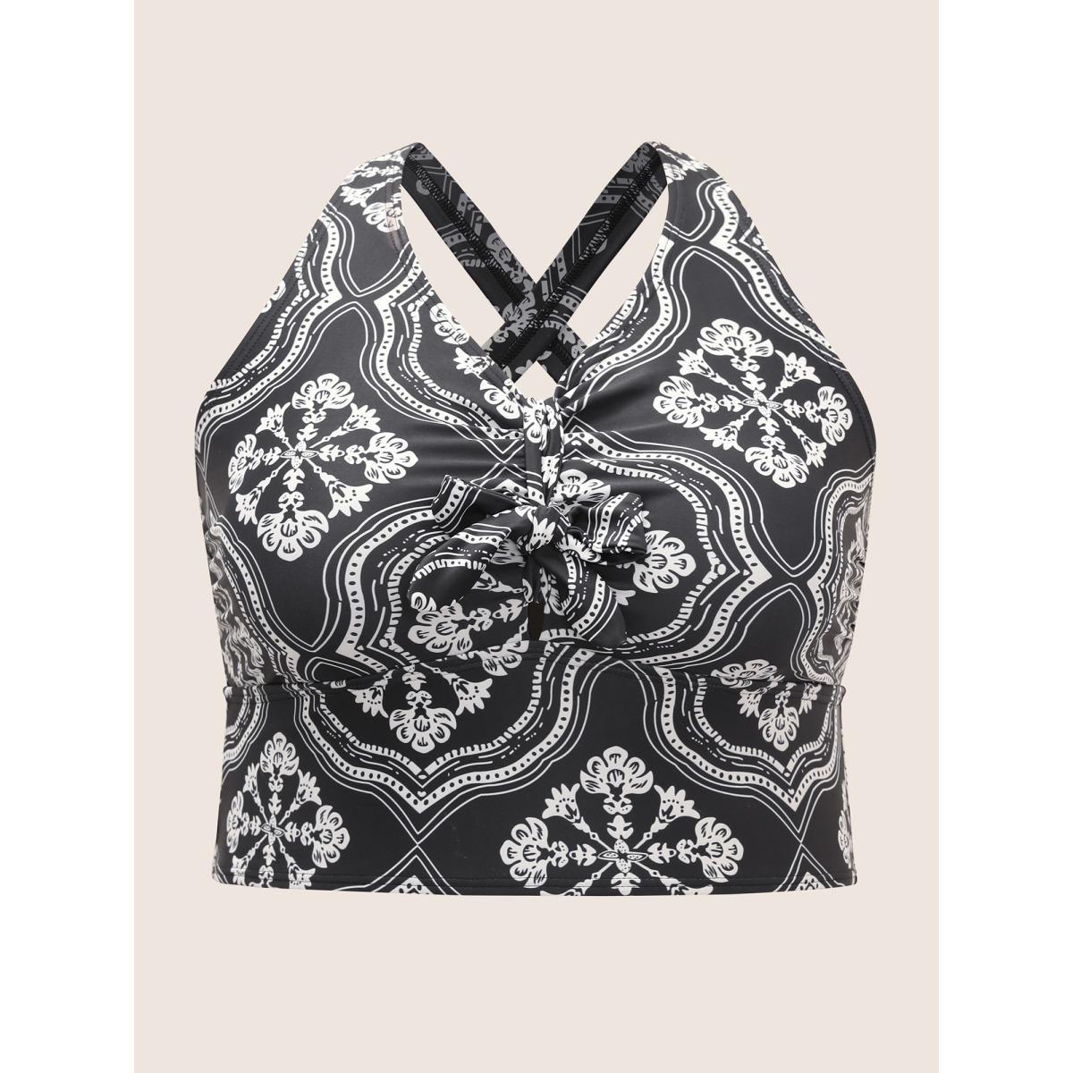 Plus Size Bandana Print Bowknot Adjustable Straps Swim Top Women's Swimwear Black Beach Tie knot High stretch Skinny V-neck Curve Swim Tops BloomChic 30/6X Product Image