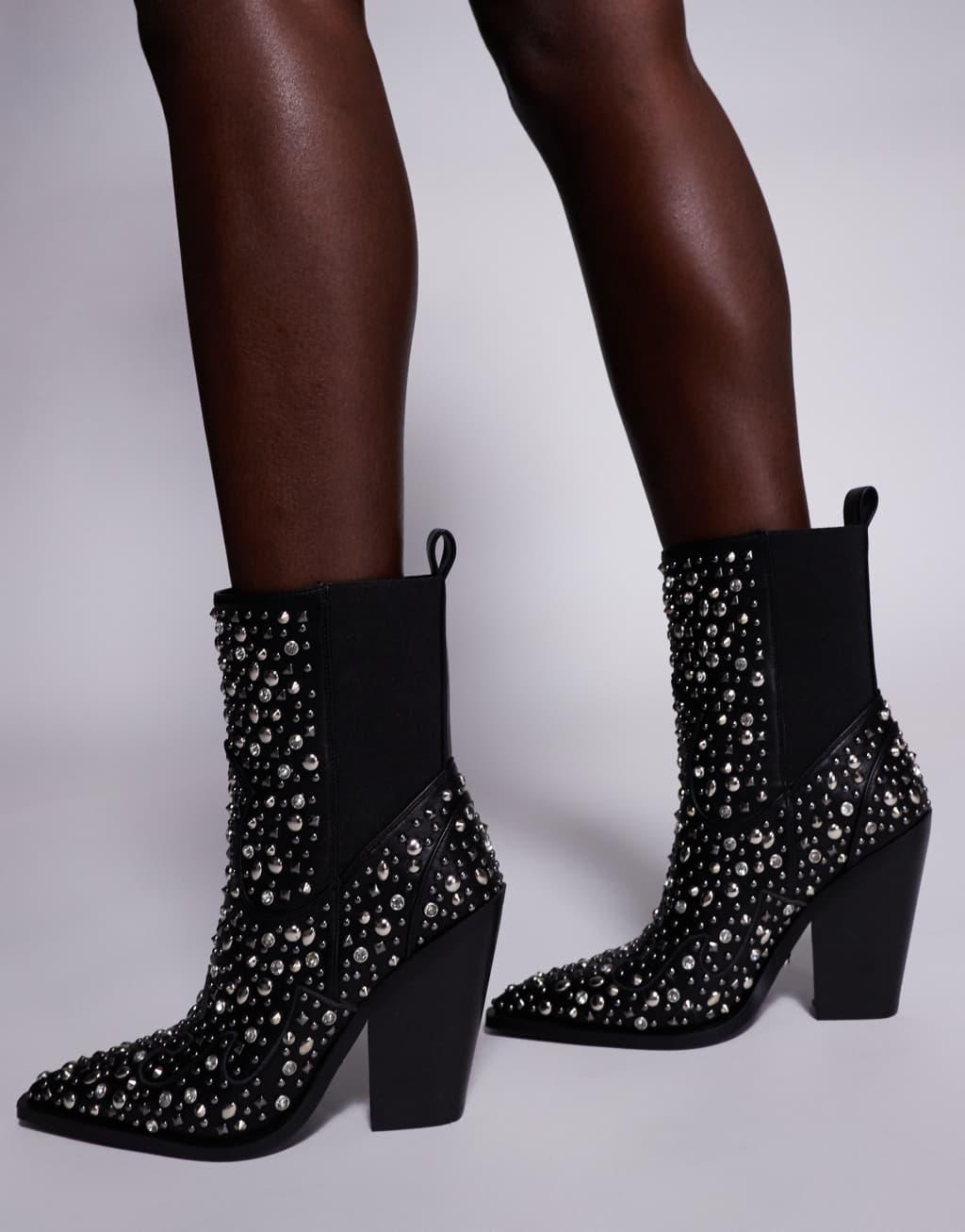 Azalea Wang Rohini studded western boots in black Product Image