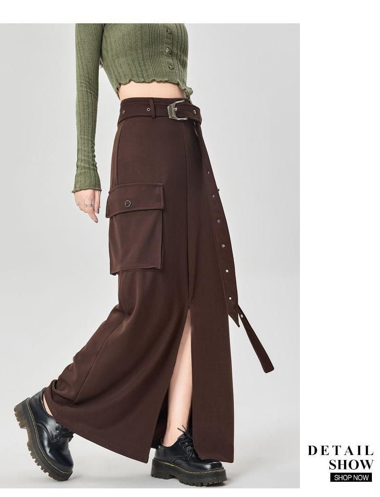 High Rise Plain Side Slit Maxi A-Line Skirt Product Image
