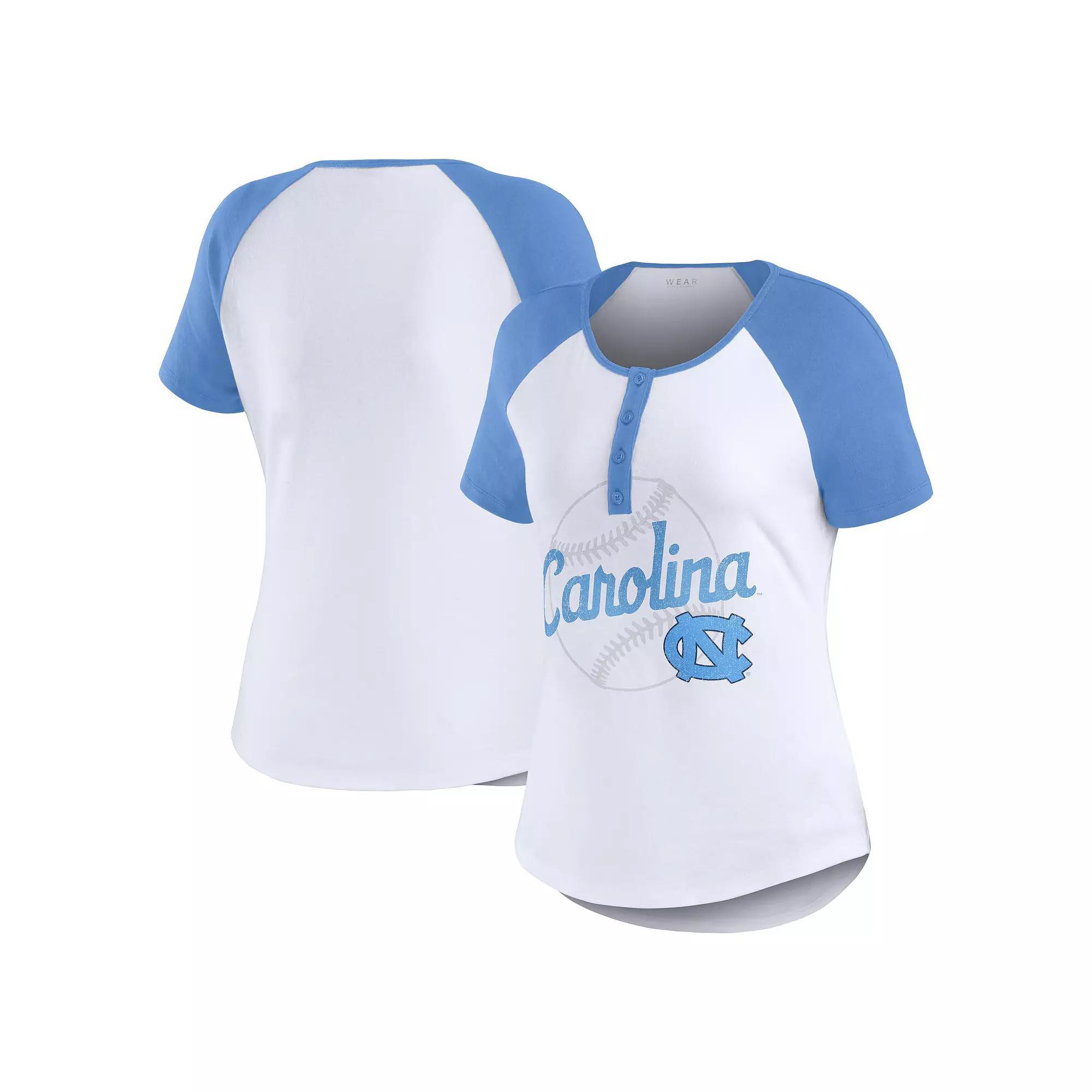Women's WEAR by Erin Andrews White North Carolina Tar Heels Baseball Logo Raglan Henley T-Shirt, Size: 2XL Product Image