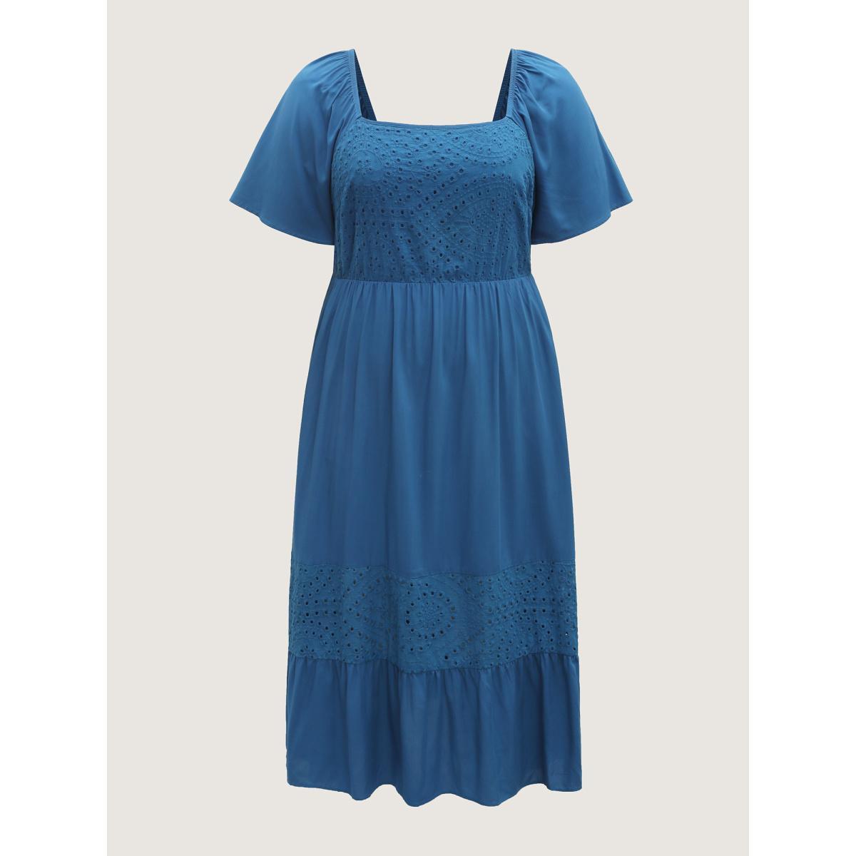Plus Size Rayon Lace Pleated Tiered Midi Dress Mediumblue Women Square Neck Short sleeve Curvy BloomChic 12/L Product Image