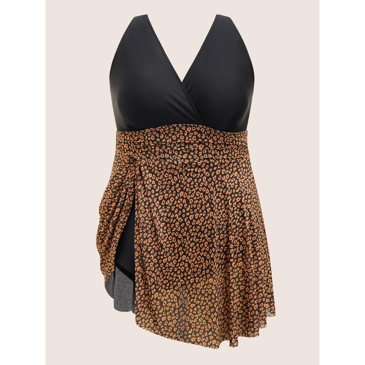 Plus Size V Neck Leopard Print Patchwork Swim Dress Women's Swimwear Black Beach Bodycon Overlap Collar High stretch Curve Swim Dresses BloomChic 12/L Product Image