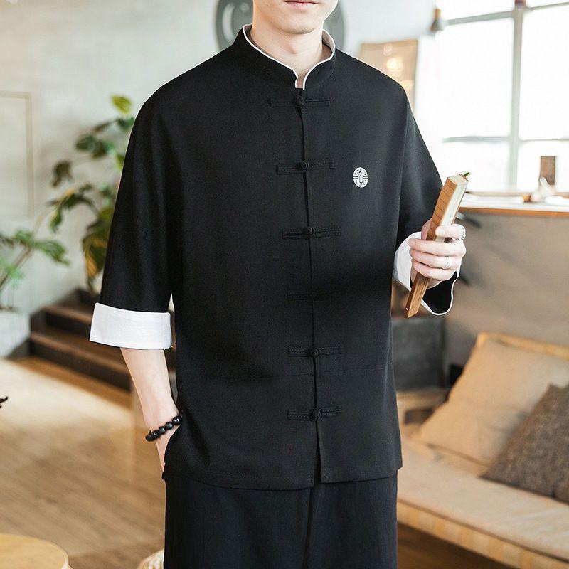 Traditional Chinese 3/4-Sleeve Frog Buttoned Shirt Product Image