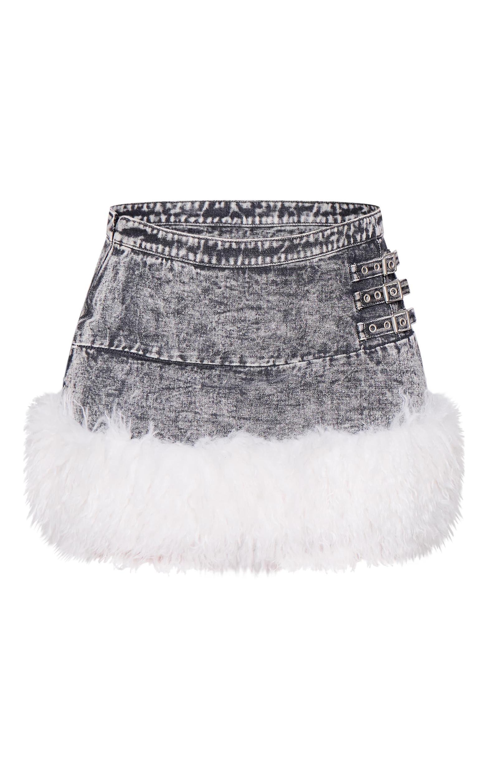 Petite Washed Black Faux Fur Trim Denim Mini Skirt Product Image