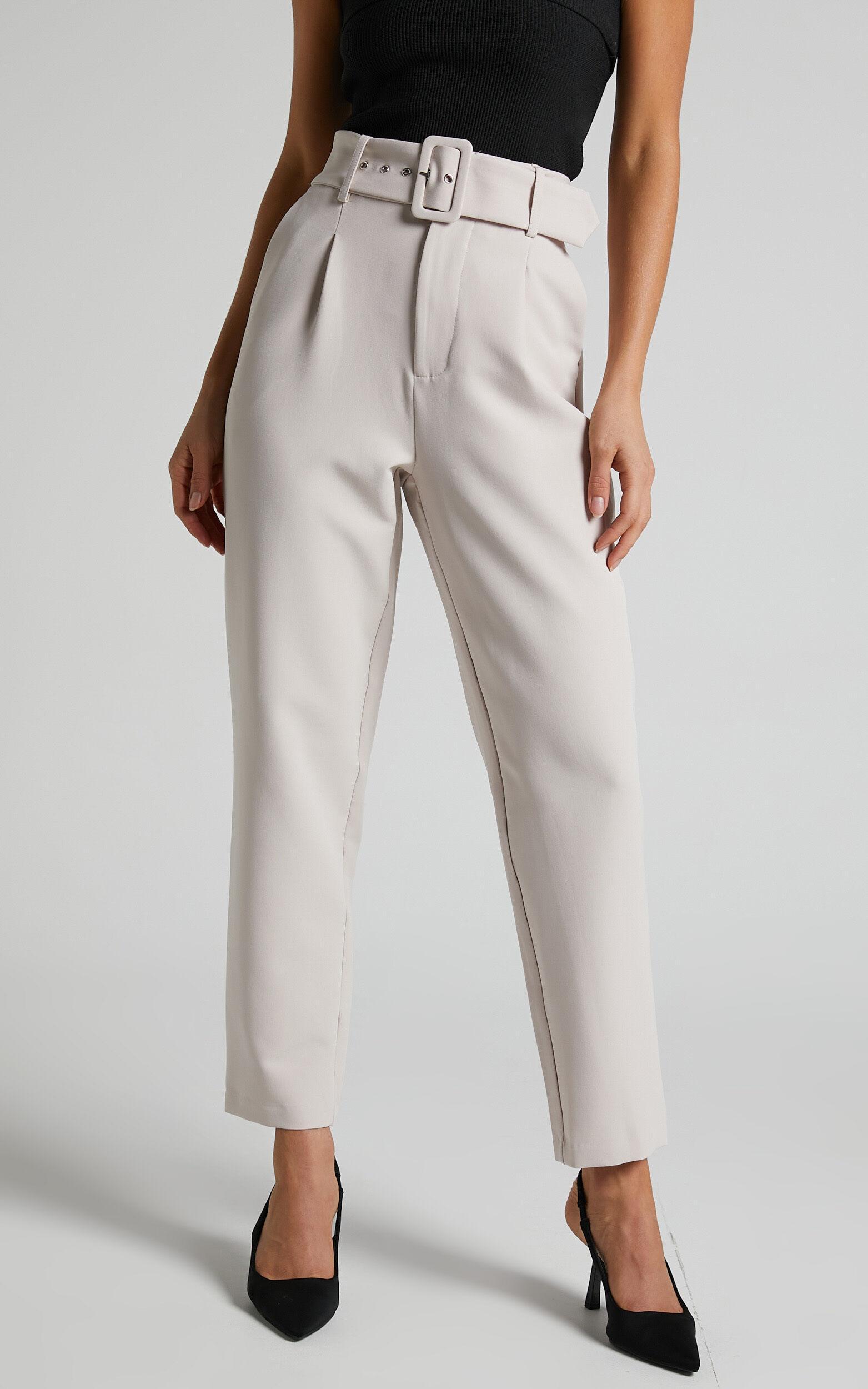Milica Trousers - Belted High Waisted Trousers in Beige Product Image