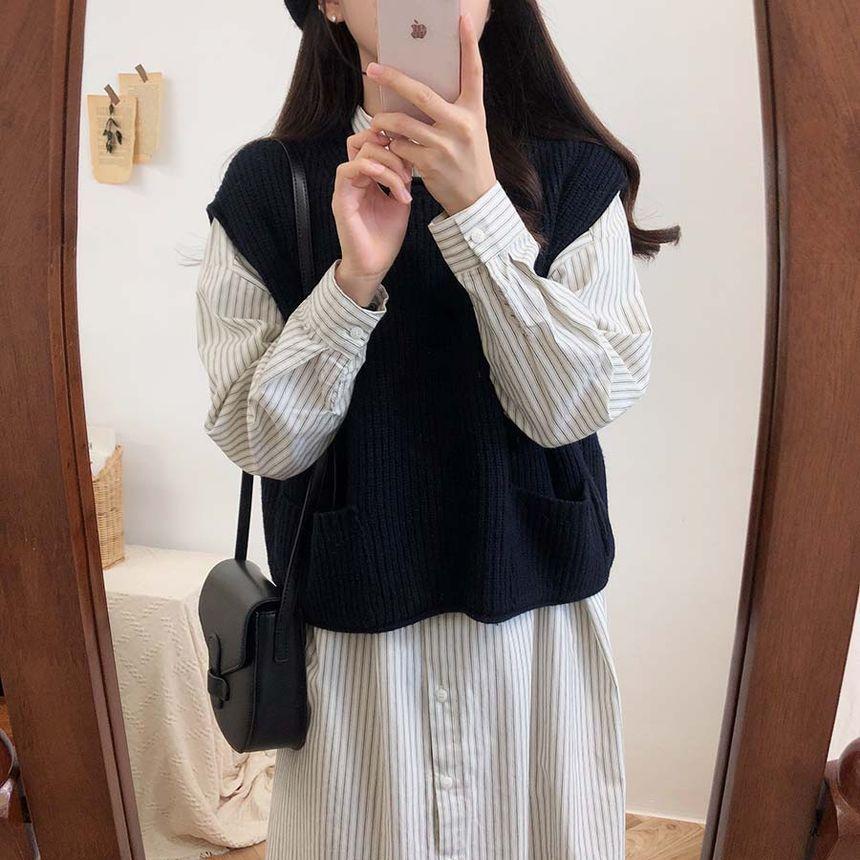Long-Sleeve Stand Collar Striped Button-Up Slit Midi Shirt Dress / Crew Neck Plain Sweater Vest Product Image