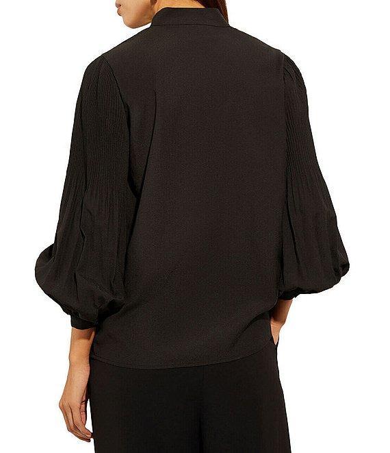 MISOOK Stretch Crepe Funnel V-Neck Pleated Bishop Sleeve Blouse Product Image