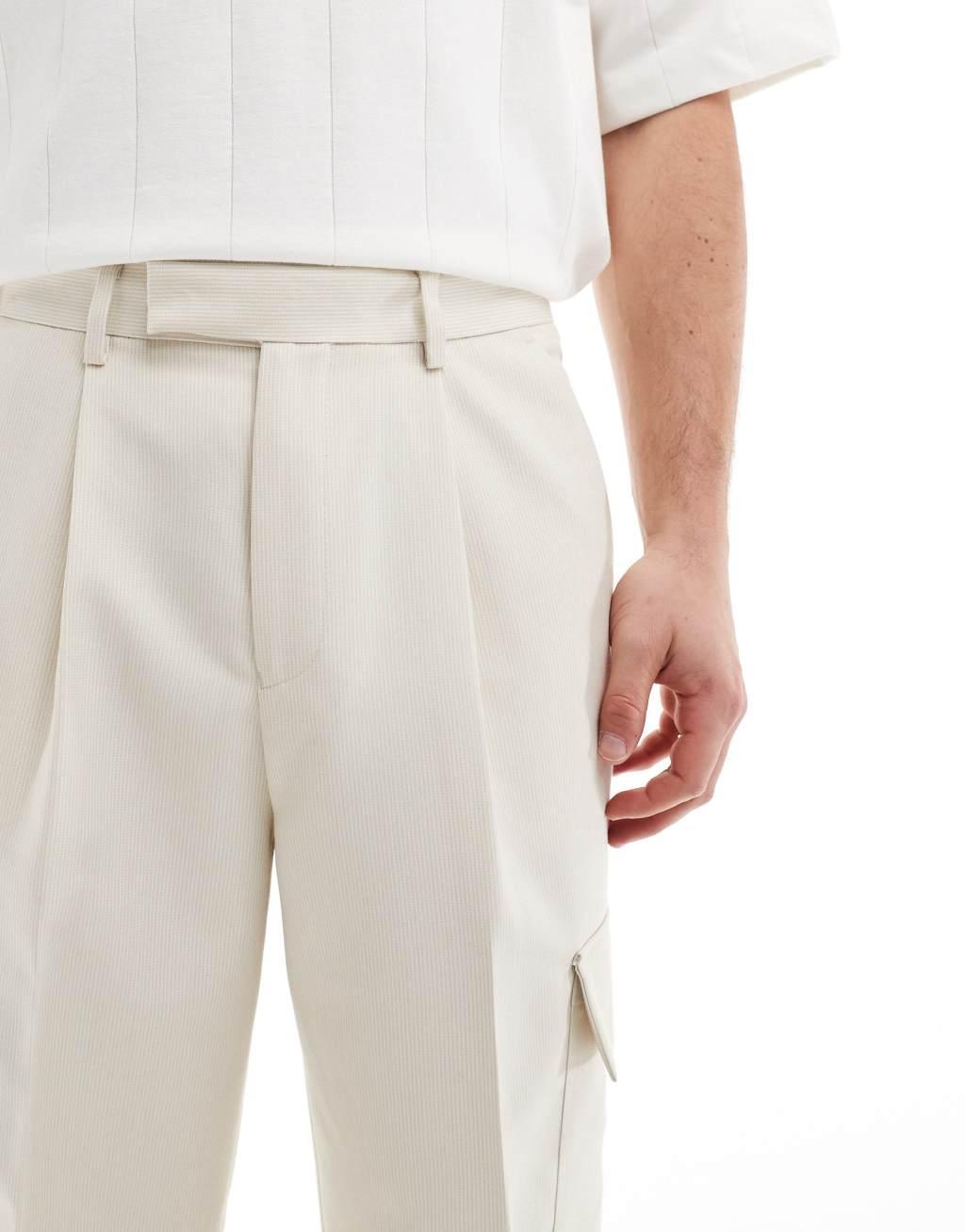 ASOS DESIGN smart wide leg cargo pants in ecru microtexture Product Image