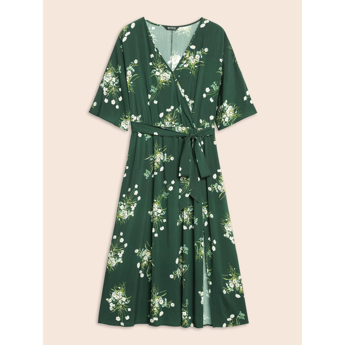 Plus Size Floral Overlap Collar Split Hem Dress Emerald Women Elegant Belted Overlap Collar Half Sleeve Curvy BloomChic 26/4X Product Image