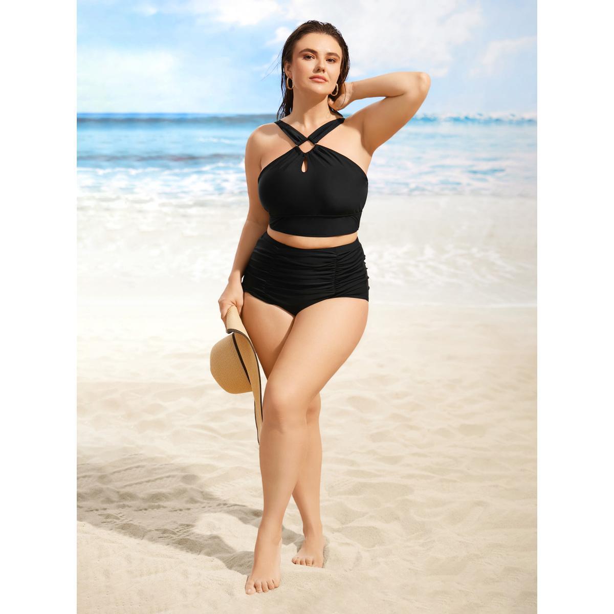 Plus Size Asymmetrical Neck Cut Out Gathered Swim Top Women's Swimwear Black Beach Cut-Out High stretch Skinny Asymmetrical Neck Curve Swim Tops BloomChic 12/L Product Image