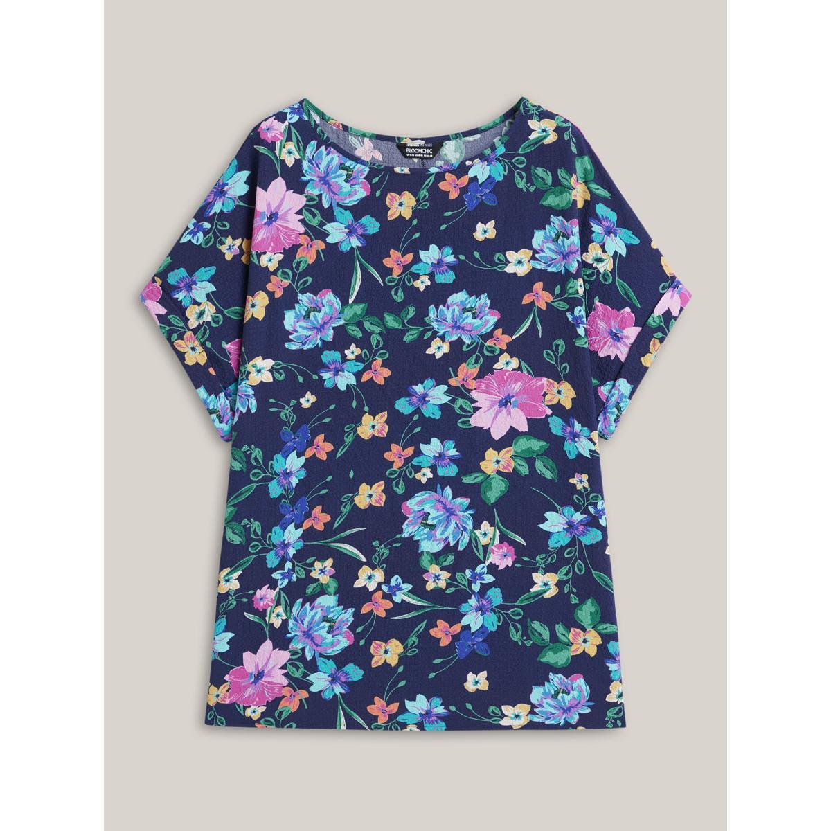 Plus Size Indigo Floral Affair Print Wrinkled Fabric Blouse Women Short sleeve Round Neck Everyday-Elegant Blouses BloomChic 30/6X Product Image