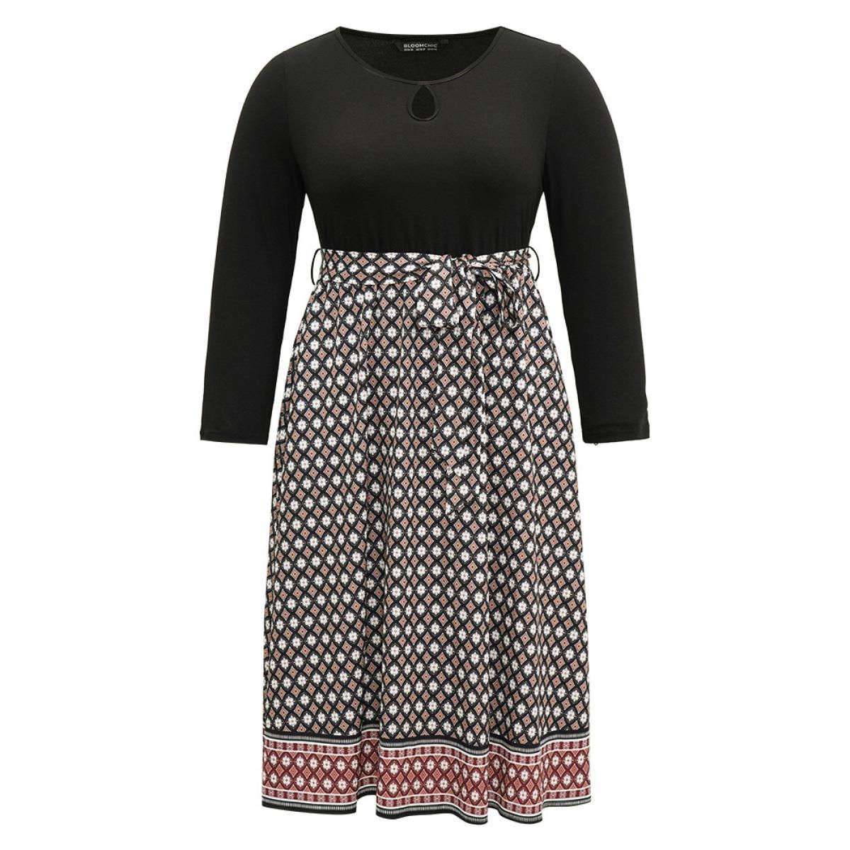 Plus Size Geometric Patchwork Cut Out Belted Dress Black Women Vacation Printed Round Neck Long Sleeve Curvy Midi Dress BloomChic 12/L Product Image