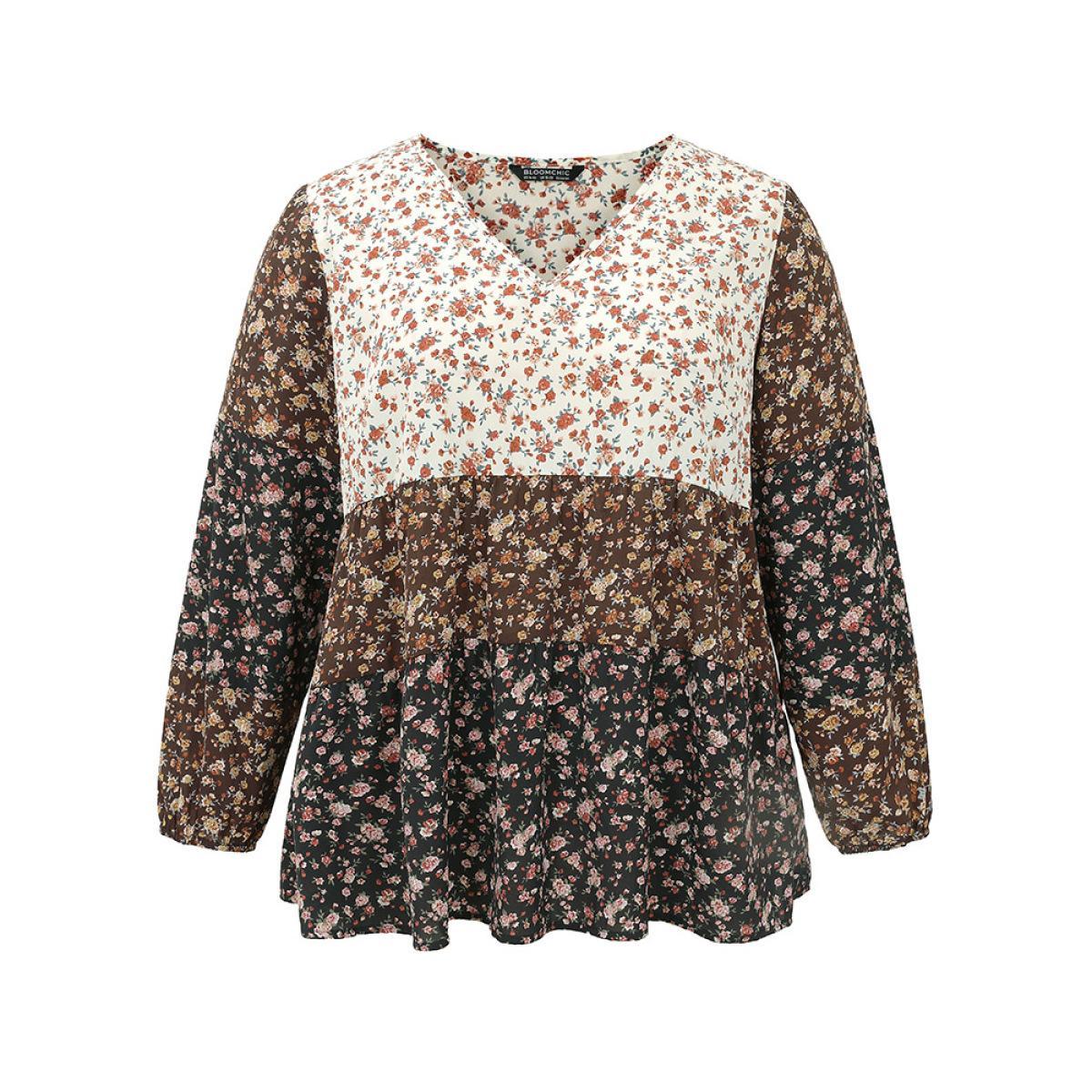 Plus Size Multicolor Ditsy Floral Contrast Patchwork Blouse Women Elegant Long Sleeve V-neck Dailywear Blouses BloomChic 14-16/1X Product Image