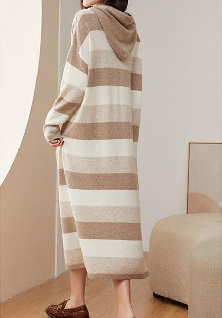 Color Block Drawstring Slit Knit Midi Hoodie Dress Product Image