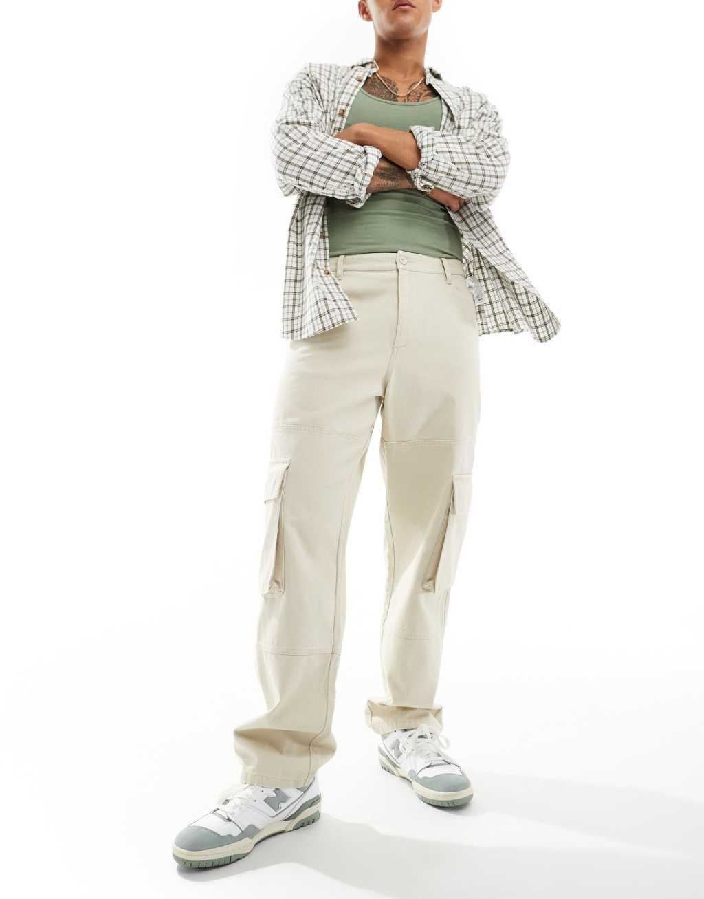 ASOS DESIGN baggy cargo pants in heavy canvas in stone Product Image