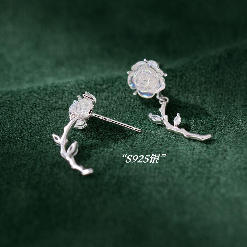 925 Sterling Silver Rhinestone Rose Drop Earring Product Image