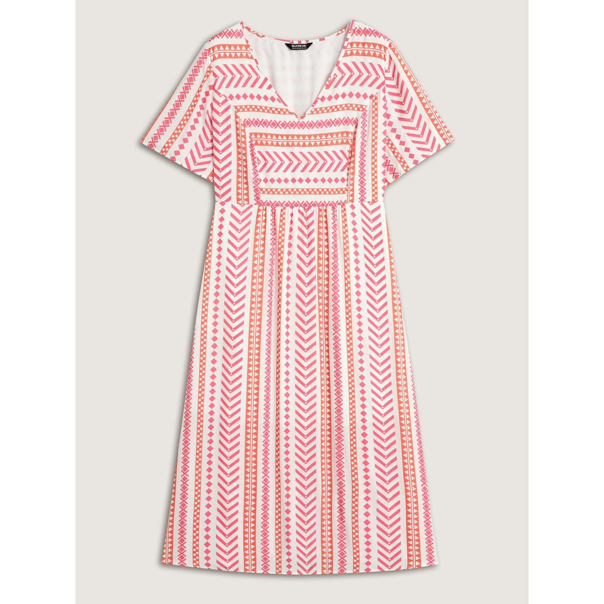 Plus Size Geometric Stripes V-Neck Midi Dress Watermelon Women Non V-neck Short sleeve Curvy BloomChic 28/5X Product Image