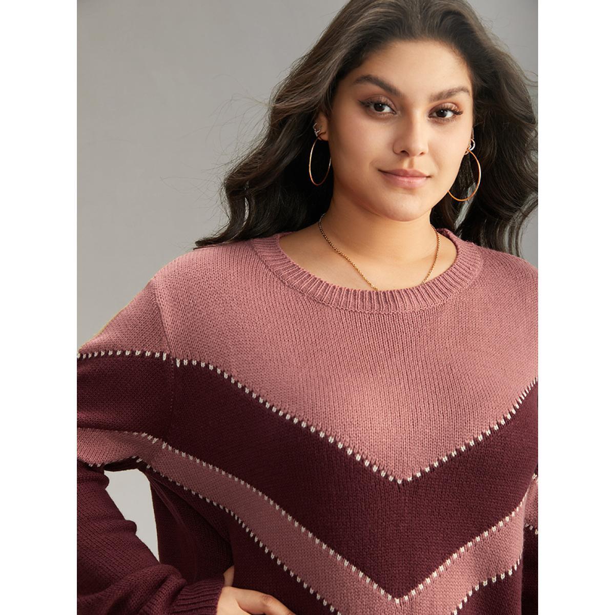 Plus Size Colorblock Contrast Round Neck Pullover Burgundy Women Casual Loose Long Sleeve Round Neck Dailywear Pullovers BloomChic 26/4X Product Image