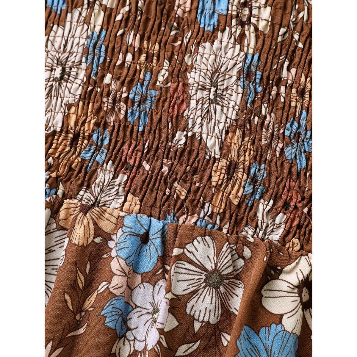 Plus Size Fall Florals Shirred Bodice Midi Dress Yellowishbrown Women V-neck Short sleeve Curvy BloomChic 28/5X Product Image